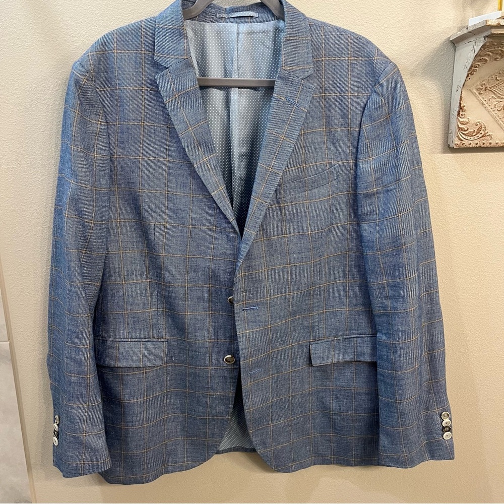 SAND Blazer Sz 46US Angelico Wool Linen Blue Windowpane Plaid Sport Coat - Picture 10 of 11